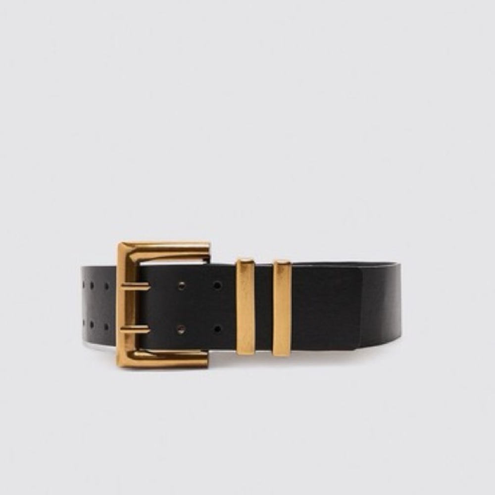 Zara Black Leather Belt with Gold Buckle Details